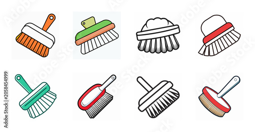 Colorful cleaning brushes and tools set - Bright and cheerful set of cleaning brushes, brooms, and dusters arranged in a simple, organized style perfect for home or office use.