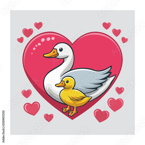 Cartoon Duck and Duckling with Heart and Love Symbols