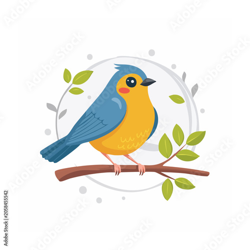 Colorful cartoon bird on a branch with leaves