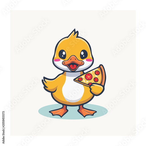 Cute cartoon duck holding a pizza slice