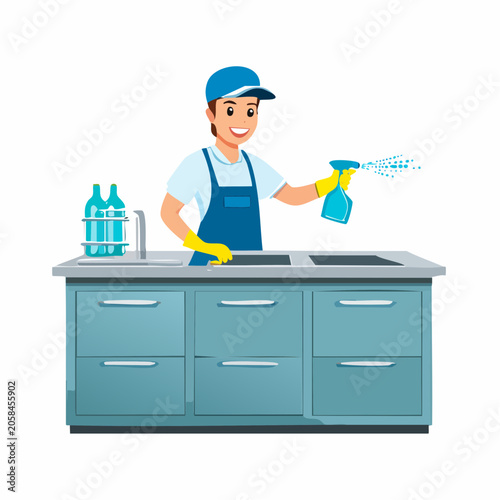 Male janitor spraying kitchen cabinets for professional cleaning service.