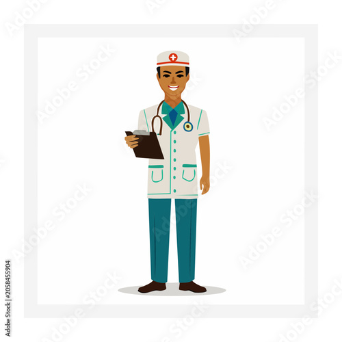 Smiling male doctor in medical uniform with stethoscope and clipboard