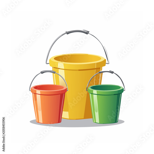 Three colorful buckets with metal handles illustration