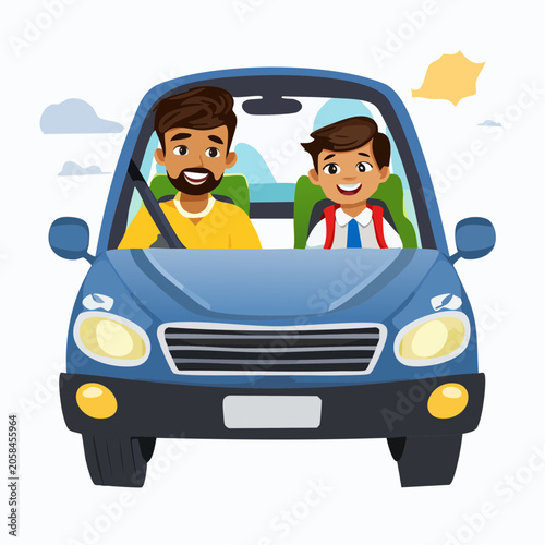 Man and boy smiling in a blue vehicle.