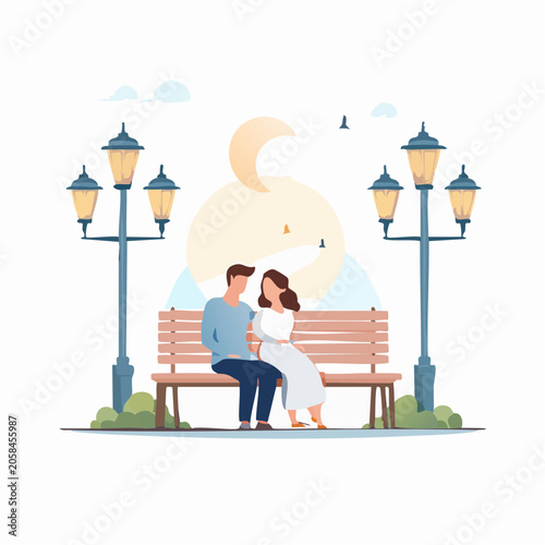 Man and woman sitting together on bench under moonlight.