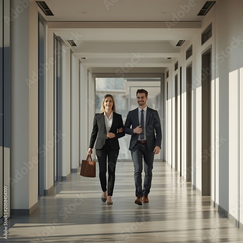 Successful business partnership concept, two professionals walking through office corridor, natural lighting, photorealistic, 8K ultra high resolution