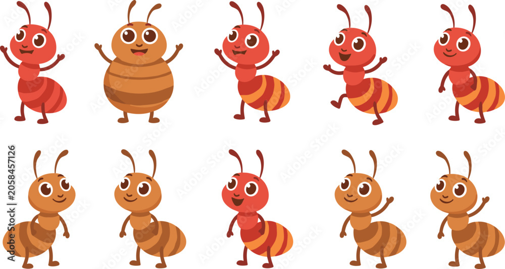 Obraz premium Playful Cartoon Ant Characters in Red and Brown Colors with Cheerful Expressions for Children’s Educational and Creative Projects