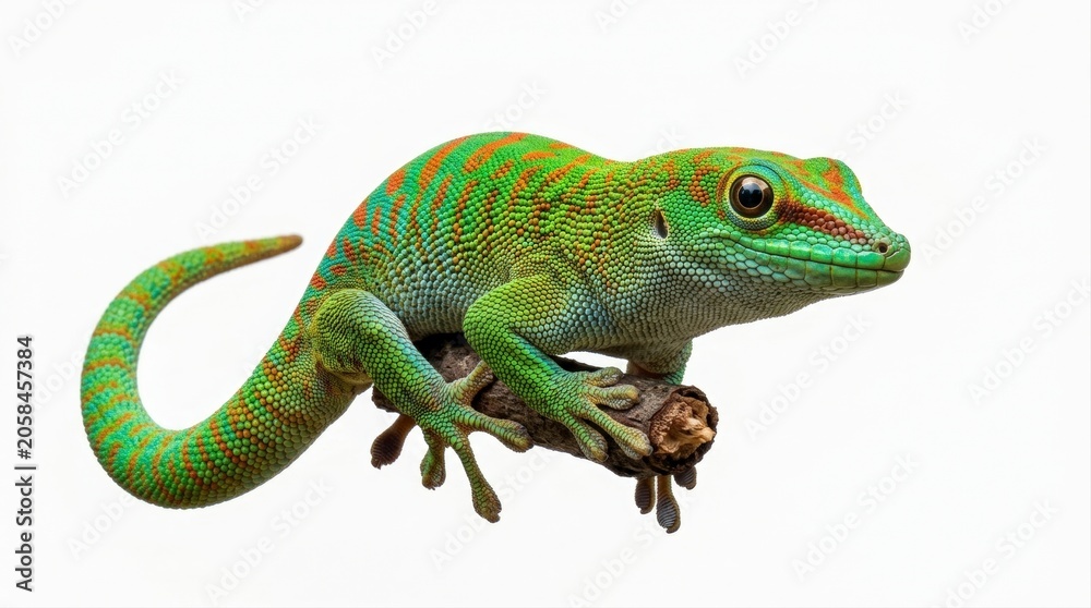 Fototapeta premium Vibrant Green Day Gecko Perched on a Small Branch Isolated on a Clean White Background for Wildlife and Nature Photography