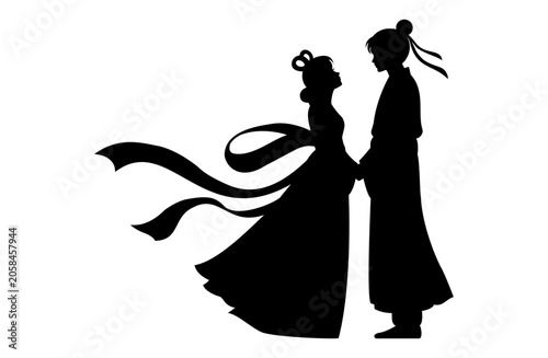 Tableau sur toile 七夕 彦星と織姫が見つめ合うシルエット