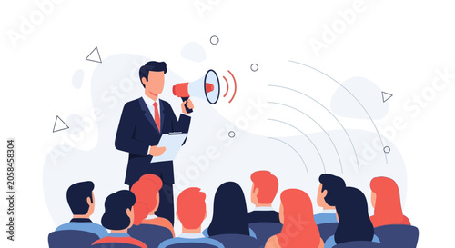 Businessman with Megaphone Addressing Audience in Meeting or Presentation - Flat Vector Illustration