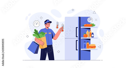 Delivery Person Checking Refrigerator Temperature for Food Freshness and Quality Control