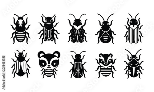 Obraz na płótnie Black and white bug character illustrations with various patterns and cute shapes