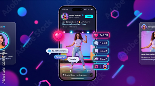 Foto 2026 Social Media App Interface Mockup on Smartphone, Neon Video Player Screen with Dancing Girl, Viral Reel Story Template, UI UX Design Layout with Likes, Comments, and Engagement Icons on Dark