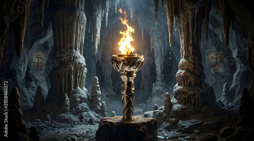 Ancient cave with a lit torch on a pedestal