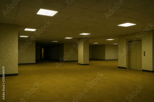 Empty Liminal Space Office with Yellow Wallpaper, Backrooms Concept, Creepy Haunted Corridor, Fluorescent Ceiling Light, Corporate Corridor