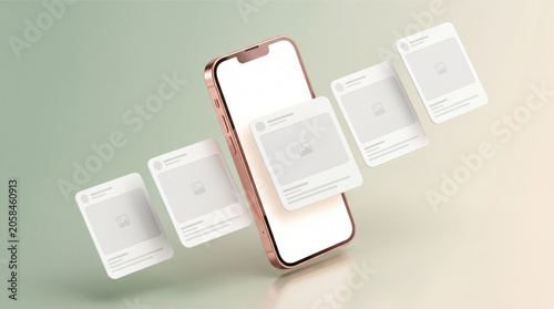 Tableau sur toile 2026 social media feed mockup with 3D floating carousel post cards and smartphone screen interface