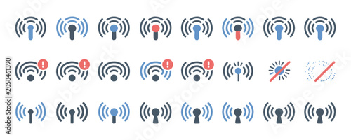 Graphic collection of telecommunication and signal antenna icons with status indicators and alert marks.