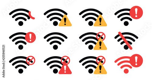 Collection of wifi signal icons with alert notifications status warning signs and connectivity errors.