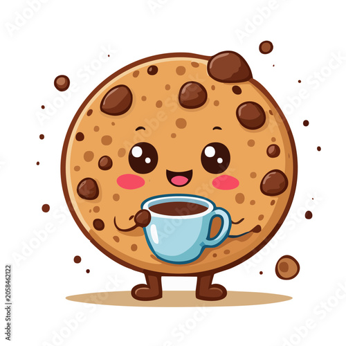 Cute Chocolate Chip Cookie Holding Coffee Cup Illustration