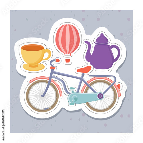 Flat design illustration of bicycle teapot balloon and cup