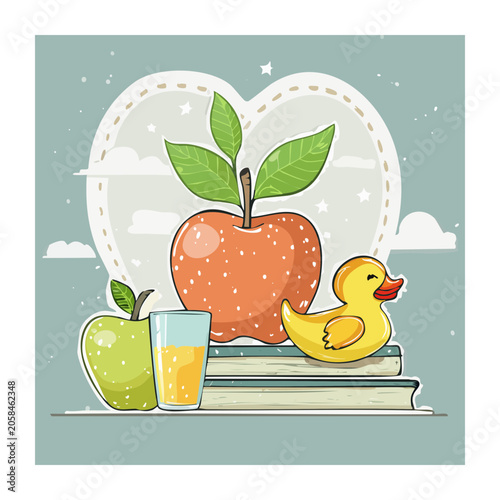 Whimsical illustration of apple, duck, and books