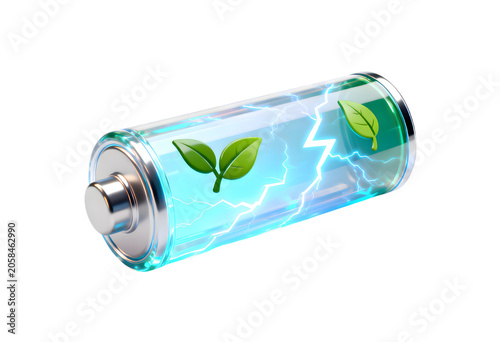 Digital Battery Illustration with Energy and Eco-Friendly Leaf Symbols