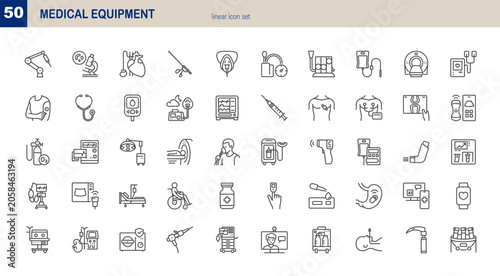 Medical Equipment Icon Set: 50 Healthcare Apparatus Vector Line Icons Collection with Editable Stroke and White Background. Pixel Perfect Icons of hospital devices, medicine monitors, scanners, xray.