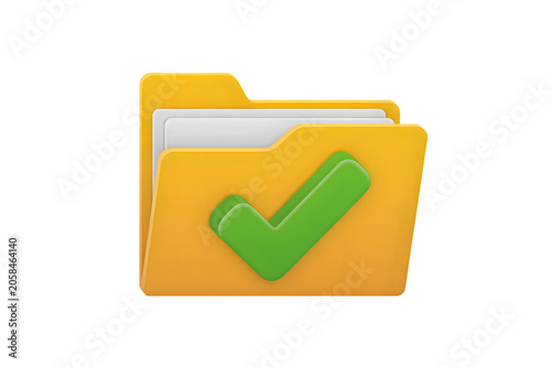 Yellow folder icon with green check mark and document papers for organization