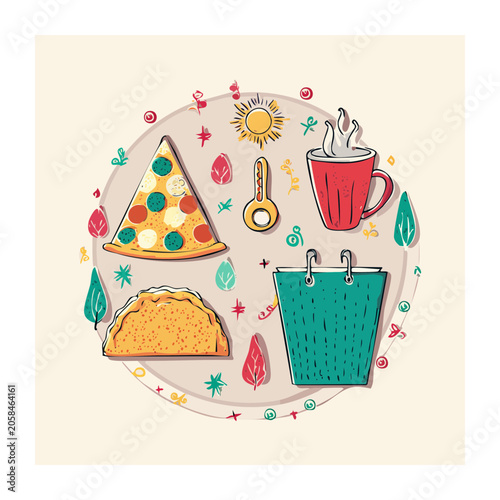 Flat design food and drink icons in circular arrangement