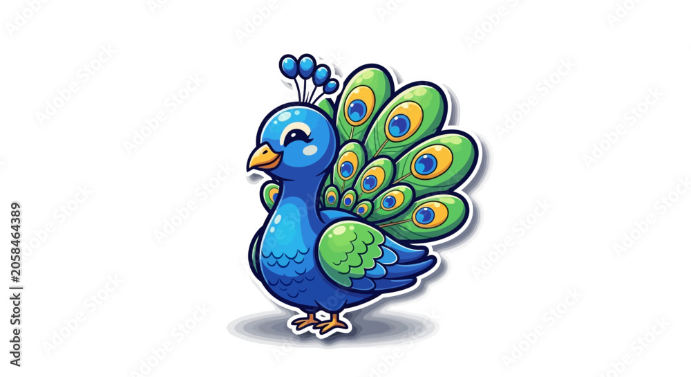 Fototapeta premium Cute cartoon peacock with vibrant feathers