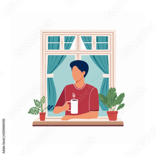 Man holding a coffee cup looking out the window