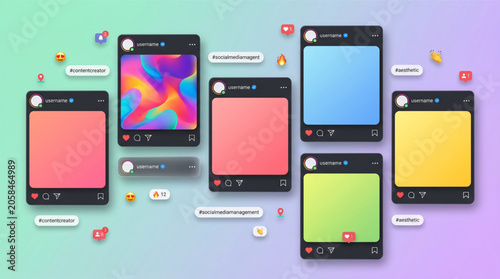 Quadro su tela 2026 Social media feed mockup interface with carousel post frames, slider photo mockup design concept, floating notification icons and hashtags for instagram mobile app UI design and marketing