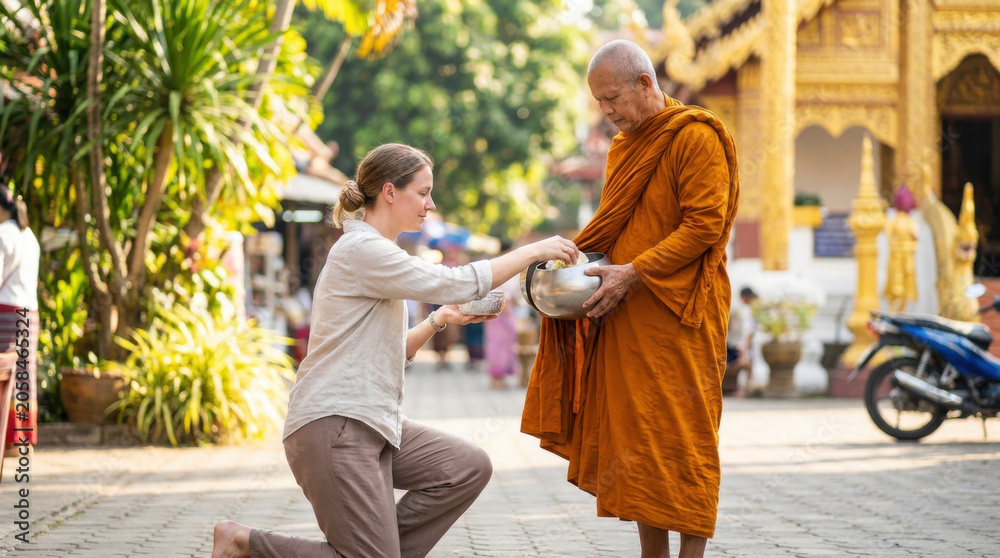 Obraz premium Buddhist monk alms giving woman temple cultural tourism tradition peaceful