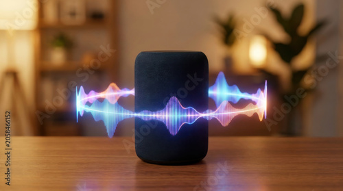 Voice search speaker digital sound wave smart speaker audio assistant voice command home automation glowing wave wireless