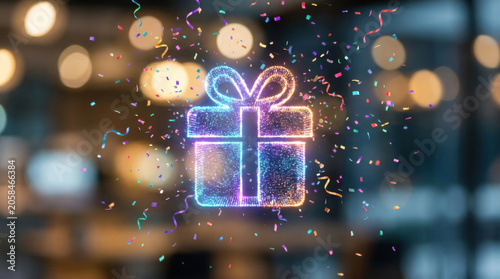 Gift box confetti celebration prize giveaway contest marketing concept bright neon