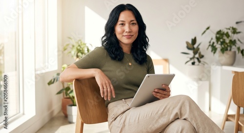 Professional woman sitting in bright modern office holding a digital tablet
