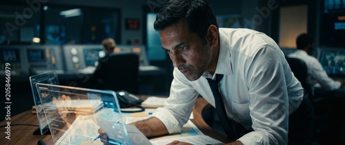 Focused professional man working on complex data analysis in a modern control room
