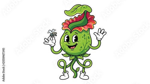 Smiling pitcher plant mascot in trippy rubber hose cartoon style