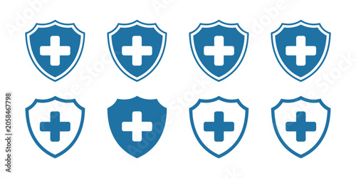 Medical shield icons set, antivirus protection concept with medical cross and plus symbols for healthcare security, safety and vector design.