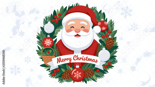 Merry Christmas greeting card illustration featuring a smiling Santa Claus inside a festive green wreath with red ornaments, berries, pine cones, and a ribbon banner on a white snowflake background.