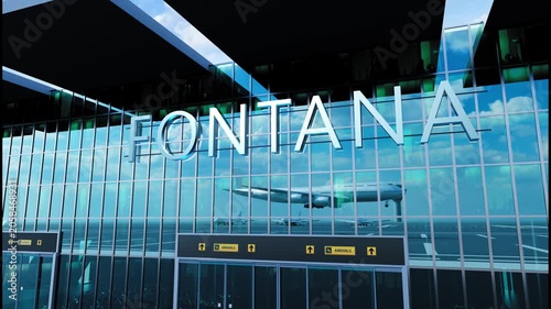 Airlane landing at Fontana, USA. Arrival in the city with reflection of airport and aircraft