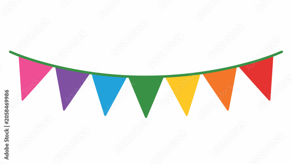 Fototapeta premium Colorful triangular bunting flags hanging in a festive outdoor setting
