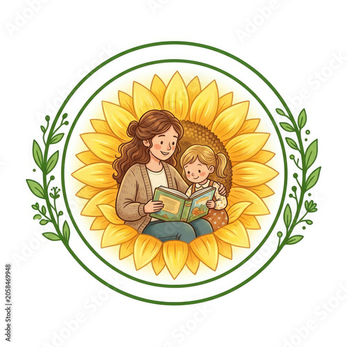 mother child reading book sunflower vector illustration, mother daughter reading book