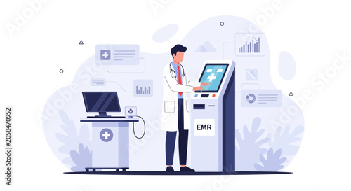 Doctor using EMR system kiosk in modern clinic with digital health records and analytics