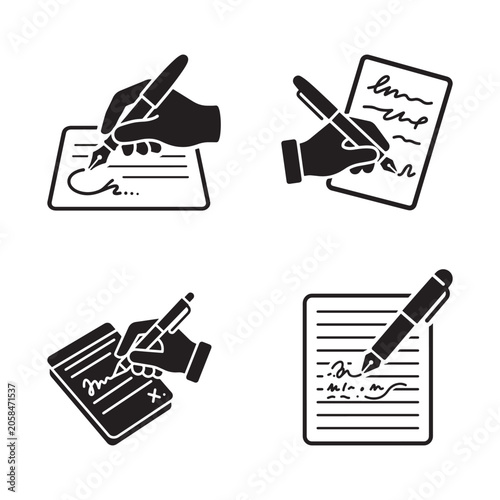 Hand signing document and writing with pen icon set vector illustration isolated on white background.