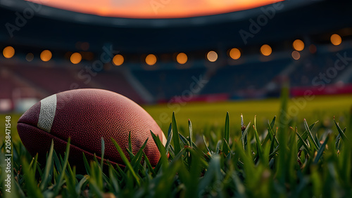 Crisp American Football Leather Texture with Vibrant Green Stadium Grass Blades Field Close-up Detail