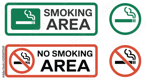 Smoking and no smoking icons set, green designated area and red prohibition symbols for workplace safety, public health and vector graphics.