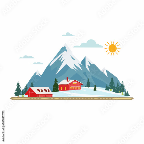 Snowy mountain range with sun and village.