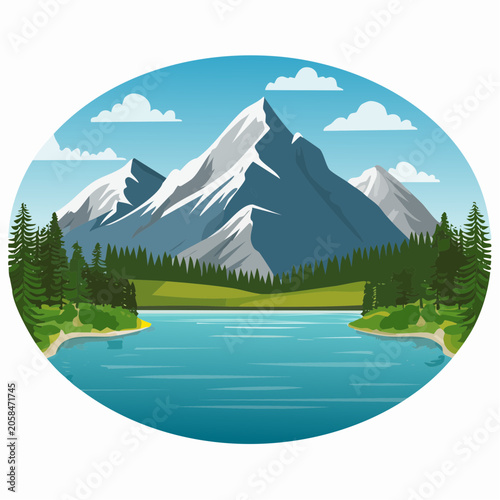 Snowy mountain range with pine forest and lake circle.