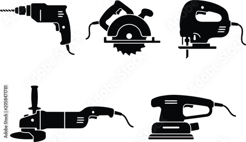 Canvas-taulu Set of power tools silhouettes, including electric drill, circular saw, jigsaw,